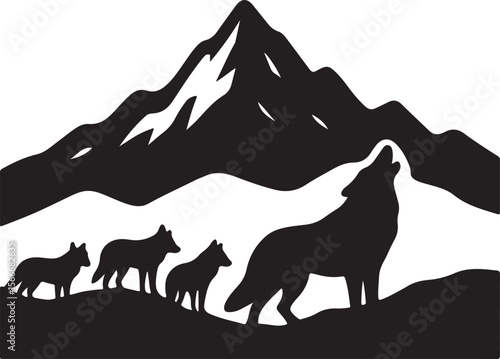 Black Silhouette of Wolves Howling at Mountain Range