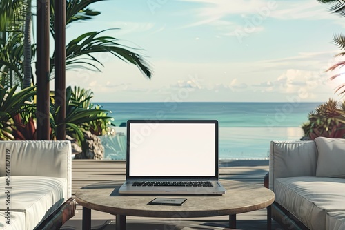 Laptop Mockup on Coffee Table in Luxury Beautiful Outdoor Villa Lounge with Beautiful Ocean View