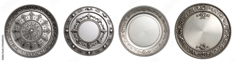 Fototapeta premium Round silver metal plate with intricate floral design on transparent background