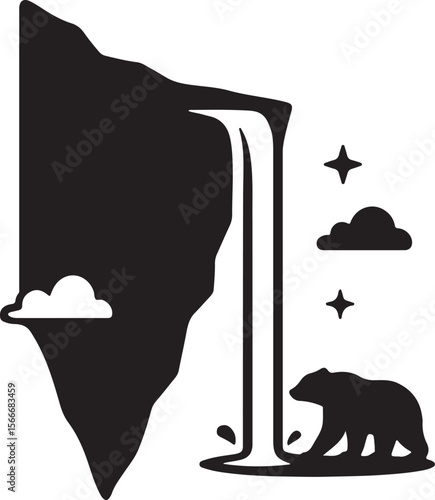 Majestic Waterfall and Bear Silhouette Nature's Serenity in Black and White