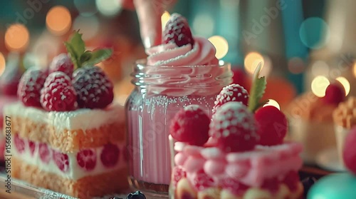 Delicious Dessert Delights: An array of mouthwatering desserts, adorned with fresh raspberries and delicate frosting, awaits to tantalize your senses. Capture the elegance and sweetness
