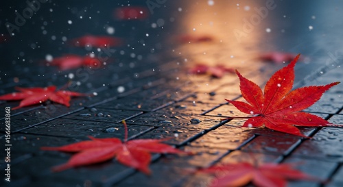 Rain-Kissed Maple Leaves on Wet Cobblestones