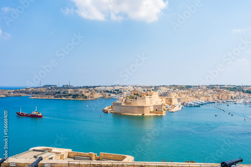 View of the Three Cities of Malta across the Grand Harbour in Valletta, Malta