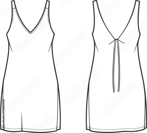 Women’s slip dress fashion flat, technical sketch nightdress, lingerie template, V-neck slip, back tie nightie, minimal sleepwear design, fashion illustration