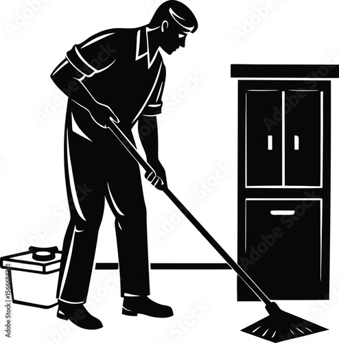 Home cleaning illustration vector silhouette man mopping kitchen floor silhouette