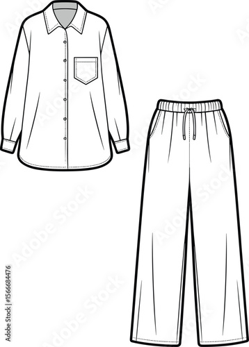 Pajama set flat sketch, women sleepwear template, long sleeve shirt and pants, cozy loungewear outfit, button-up top, technical fashion illustration