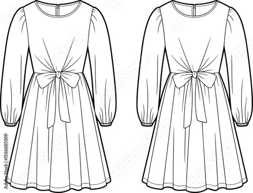 Long sleeve girl dress, front bow detail, children’s fashion sketch, flared hemline design, elegant kidswear outfit, technical clothing drawing, apparel flat illustration