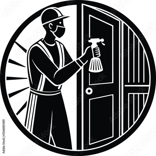 Home cleaning illustration vector silhouette worker disinfecting doorknob silhouette
