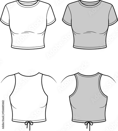 Women's crop tops flat sketch – short sleeve crew neck and sleeveless racerback styles with tie back; fashion technical drawing for tech packs and design development.