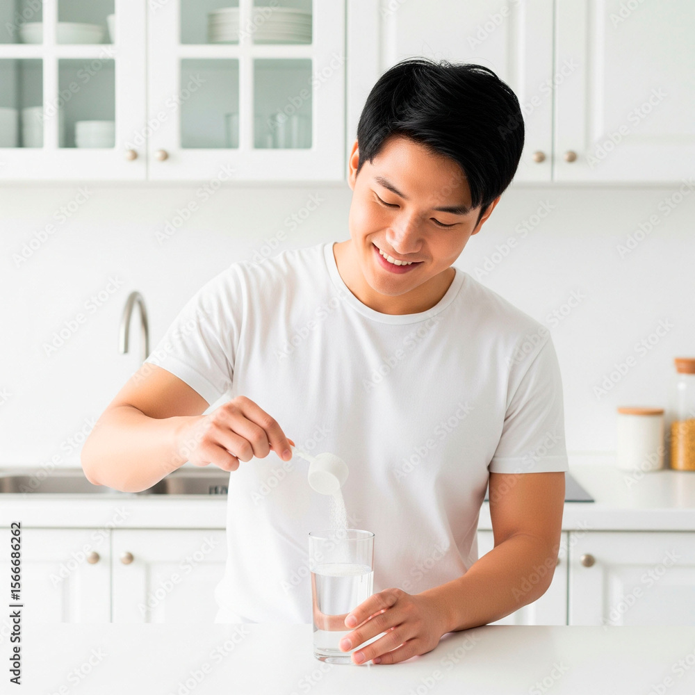 Muscular Asian Man Preparing Supplement in Bright Kitchen Muscular Asian Man Preparing Supplement in Bright Kitchen
