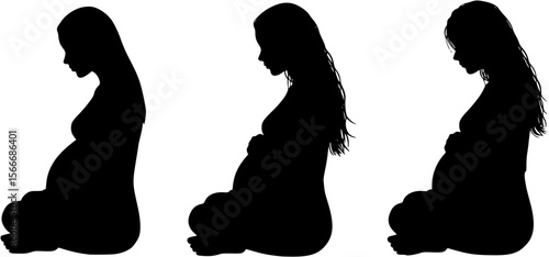 Pregnant woman silhouette with long hair sitting cross legged on white background, pregnant, woman, silhouette, pregnancy, expecting, motherhood, sitting, cross legged, long hair, vector, maternity