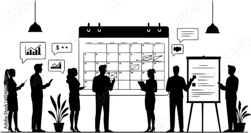 Team Discussing Calendar Schedule Silhouette
