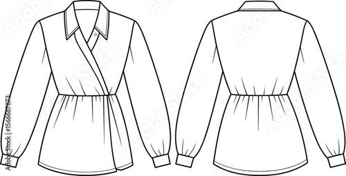 Women's wrap blouse technical flat – long sleeve shirt with gathered waist, cuffed sleeves, collar, and snap detail; front and back fashion CAD vector sketch.
