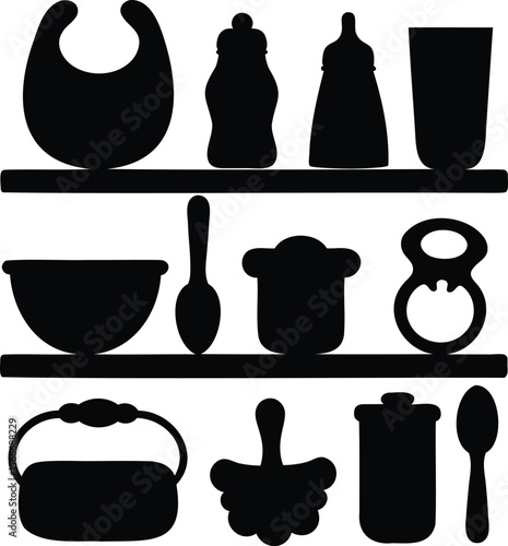 Set of kitchenware icons including bowls, spoons, bottles, and containers