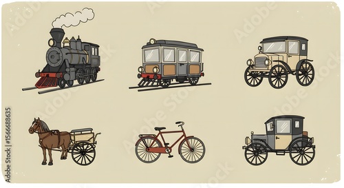 Vintage-style illustration of classic transportation vehicles from the 19th century
