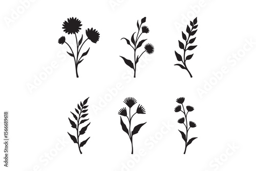 Collection of six black silhouette floral and leafy branch designs