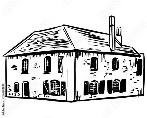 Vintage black and white ink drawing of Ely Museum, a key historical site in Cambridgeshire. Great for educational posters, town guidebooks, or architecture-themed travel illustrations.