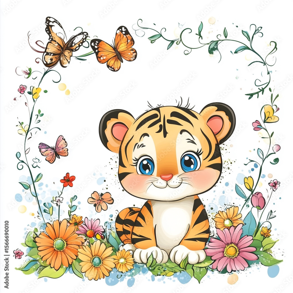 A super cute cartoon tiger cub with big blue eyes and a sweet smile, surrounded by a whimsical border of colorful flowers and butterflies.
A super cute cartoon tiger cub with big blue eyes and a sweet smile, surrounded by a whimsical border of colorful flowers and butterflies.