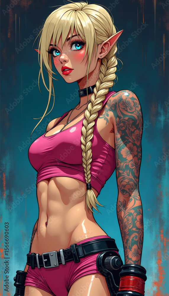 Fototapeta premium Anime Girl Elf Fitness Model: Vibrant Fantasy Art with Tattoos and Unique Hairstyle
