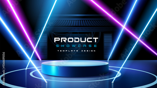 Modern product display showcase with a blue podium and vibrant neon laser beams. Futuristic technology background.