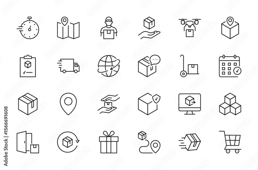 Fototapeta premium Delivery icon set. Destination, courier, drone, tracking, invoice, worldwide shipping, notification, package, location, protection, shipment, trolley, box, etc. Vector illustration. Editable stroke.