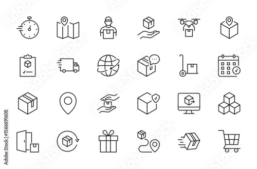 Delivery icon set. Destination, courier, drone, tracking, invoice, worldwide shipping, notification, package, location, protection, shipment, trolley, box, etc. Vector illustration. Editable stroke.