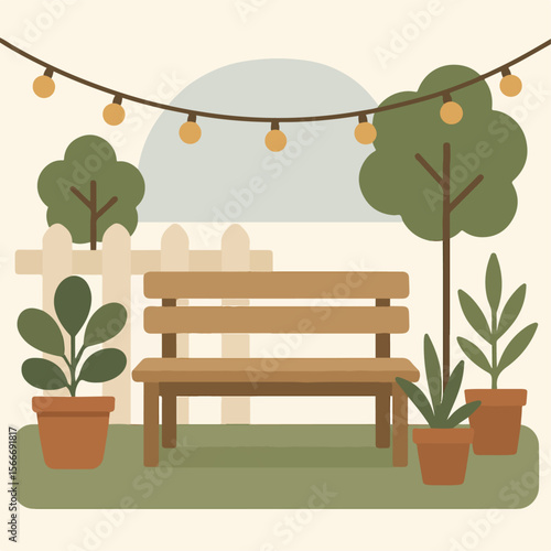 A tranquil garden nook is illustrated with a wooden bench, potted plants, and a warm glow from the string lights hanging overhead.