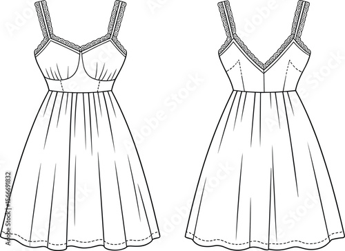 Sweetheart neckline summer dress flat sketch – women’s mini dress with lace straps, fitted bodice, flared skirt and panel seams for fashion templates and tech packs.