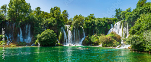 Wide panoramic view of Kravica Waterfalls in Bosnia-Herzegovina
