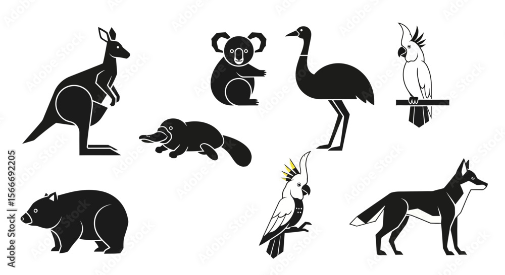Fototapeta premium Vector australian wildlife animals vector illustration featuring kangaroo koala emu platypus dingo cockatoo and wombat