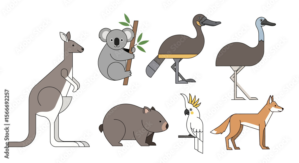 Naklejka premium Vector australian animals illustration kangaroo koala platypus emu wombat cockatoo dingo wildlife fauna vector