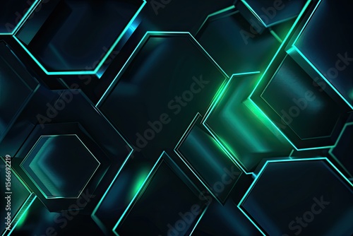 Premium Quality Picture of Hexagon Geometric Blue Green Neon Light Pattern on Dark Background