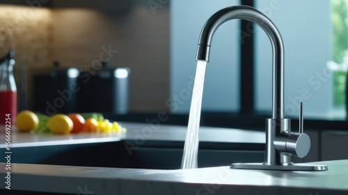 Stream of water flowing from tap in kitchen,Close up shot of modern kitchen faucet with water running from tap,