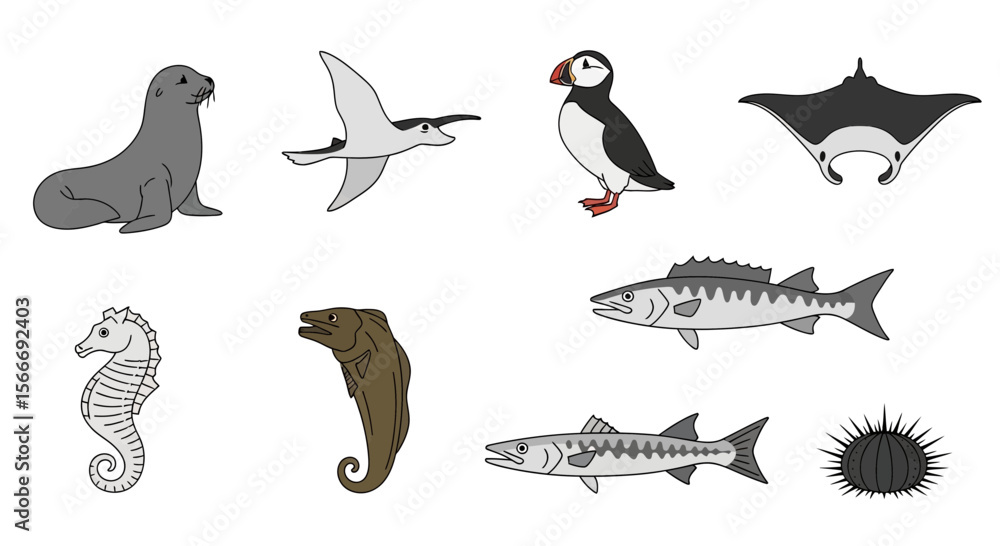 Obraz premium Vector illustration of ocean animals sea life creatures marine wildlife seal puffin seahorse ray fish and more fauna species