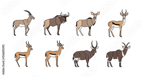 Vector illustration of african antelope species including roan sable kudu springbok and wildebeest wildlife fauna art
