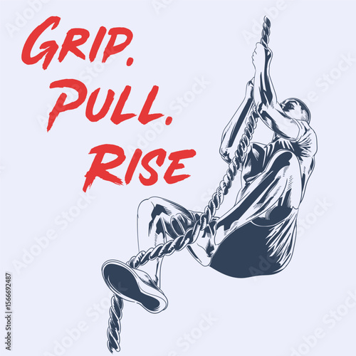 Retro style vector illustration of a man doing rope climb exercise highlighting strength and motion