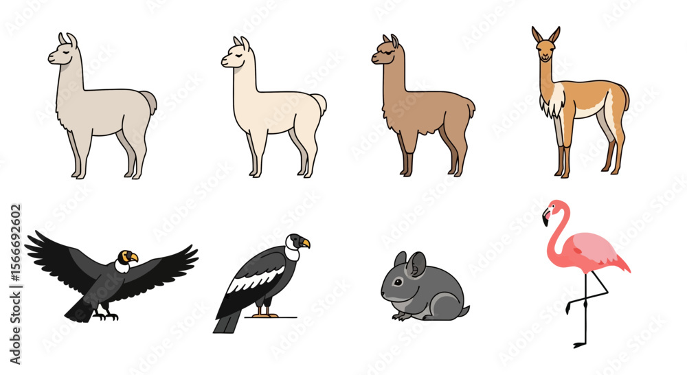 Obraz premium Vector illustration of south american animals llama vicuna andean condor chinchilla and flamingo vector art