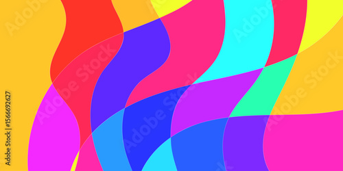 Abstract graphic design with overlapping, curved shapes of vibrant colors