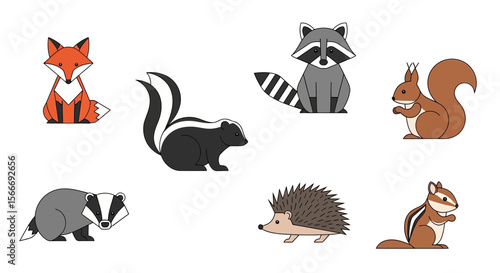 Vector cute cartoon forest animals illustration featuring fox raccoon squirrel skunk badger hedgehog chipmunk art