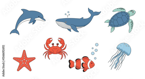 Vector ocean animals illustration sea life drawing dolphin whale turtle crab starfish jellyfish clownfish cartoon art vector