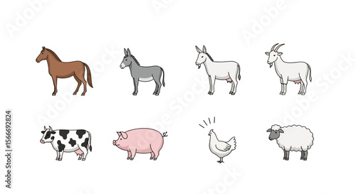 Vector illustration of farm animals including horse donkey goat cow pig chicken and sheep vector graphic design