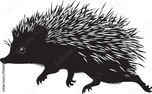 Hedgehog in Motion Body extended with legs rapidly moving, and tail trailing behind in a swift dash. Full-length silhouette black vector design.