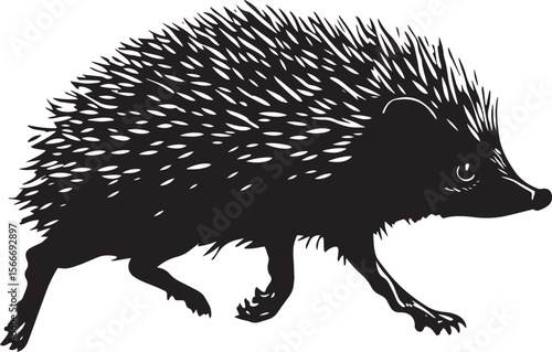 Hedgehog Sprinting A silhouette of a hedgehog with its body elongated, legs propelling it forward quickly, and tail streaming behind. Full-length silhouette black vector illustration.