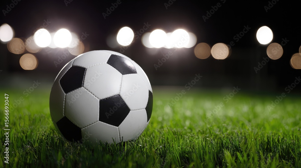 Fototapeta premium Football field under glowing stadium lights, dramatic low-angle view with grass texture. The electrifying energy of night matches.