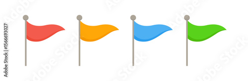 Set of colorful flags for marking locations on maps and navigation systems. Red flag, yellow flag, blue flag, green flag. Transparent background. Vector illustration. 