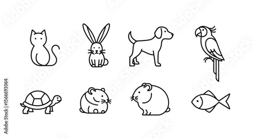 Vector pet animal icons vector set featuring cat dog rabbit parrot turtle hamster and fish outline drawing design