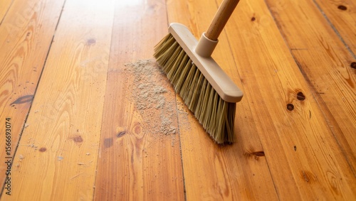 Sweeping dust from wooden floor with broom
