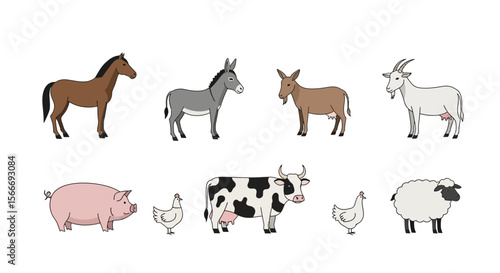 Vector farm animals illustration featuring horse donkey goat cow pig sheep and chicken vector drawing design