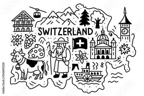 Switzerland doodle vector with cheese, mountains, cow, Swiss flag, alpine house, traditional man, and national landmarks