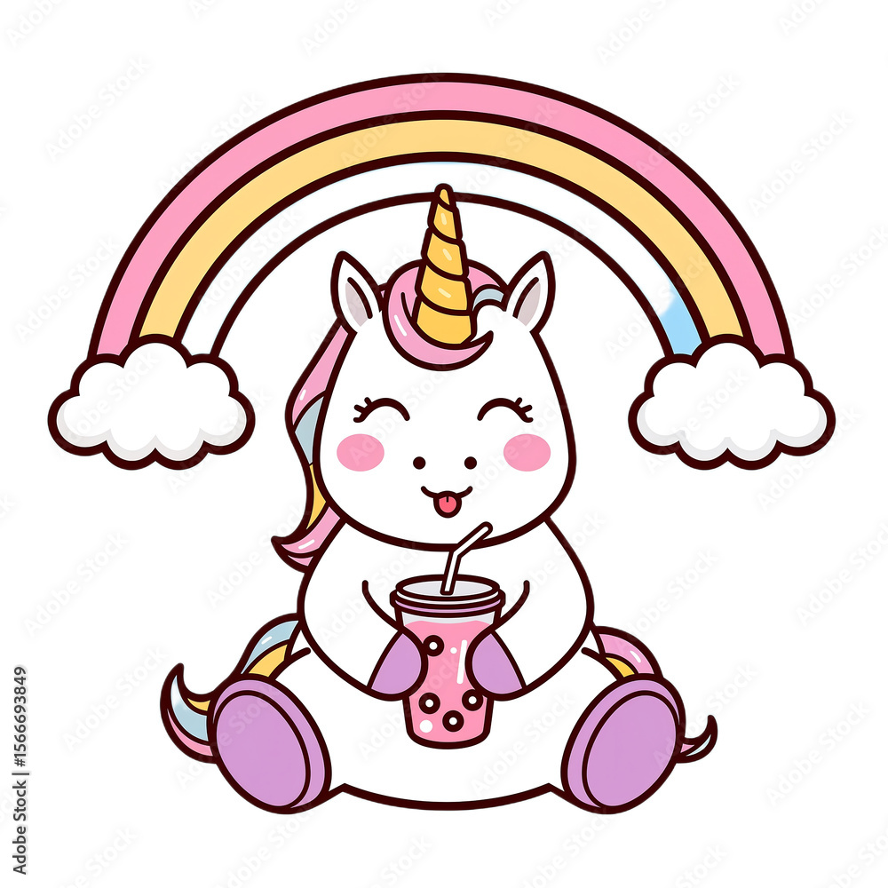 Fototapeta premium Adorable Unicorn Enjoying a Refreshing Bubble Tea Under a Rainbow